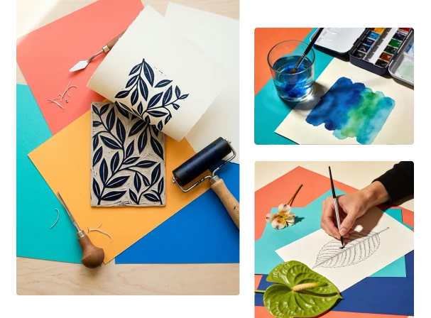 Printa Studio atölyesinde linol baskı masası, suluboya ve çizim çalışmaları